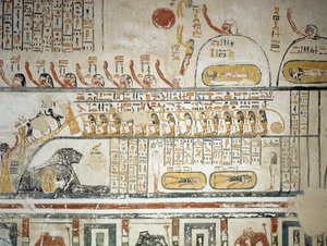 Prozession, die der Himmelsnavigation des Sonnengottes Ra folgt, Buch der Erde, Detail aus den Fresken der Grabkammer des Grabes von Ramses VI, Tal der Könige, Luxor, Theben (Unesco-Weltkulturerbe)