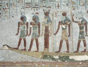 Relief, das Khnum in einer Totenbarke zeigt, die durch die Unterwelt fährt, aus dem Grab von Ramses III. (ca. 1184-1153 v. Chr.) Neues Reich