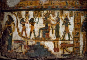 Kunst Ägyptens: Osiris empfängt Tribute von vier Gottheiten: Thot, Maat, Heka und Harsiesi. Einer der Götter hält den Lebensschlüssel in Form eines Ankh. Unten zwei Darstellungen des Auges Oudjat (Auge des Horus) von Egyptian 21st Dynasty