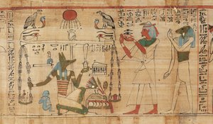 Detail aus dem Totenbuch des Priesters Aha-Mer, das Anubis zeigt, wie er das Herz des Verstorbenen gegen die Feder der Wahrheit wiegt