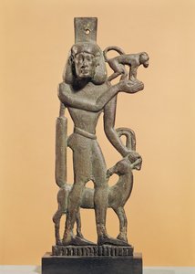 Figur eines Mannes, der einen Affen mit einem Ibex hält, der sein Knie leckt, Saite-Periode von Egyptian 26th Dynasty
