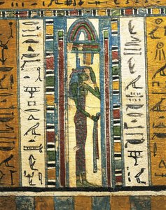 Verputzte und bemalte Holztafel, die Göttin Isis darstellend, aus dem Sarkophag von Usai, Theben