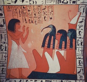 Grabmalerei, die den Verstorbenen vor Osiris, Isis und Thoth darstellt