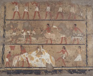 Szenen der Viehzucht, Schlachtung, Träger von Opfergaben und Opfer, Grab von Iti und Neferu von Egyptian 6th Dynasty