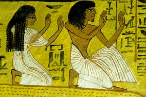 Altes Ägypten, Wandmalerei, Sennedjem und seine Frau kniend vor den Göttern, Grab von Sennedjem, Theben, Deir el Medina