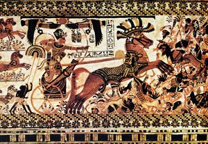 Ägyptische Grabwandmalerei, die eine Kampfszene darstellt von Egyptian Egyptian