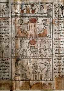 Ägyptische Antike: Solarsymbolik. Papyrus aus einem Totenbuch. Ptolemäische Zeit. Turin, Ägyptisches Museum