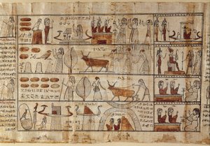 Ägyptische Antiquitäten: die Elysischen Felder. Malerei auf Papyrus aus dem Totenbuch. Ptolemäische Zeit. Ägyptisches Museum, Turin