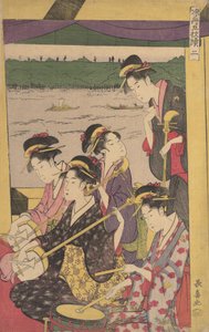 Eine Gruppe von Geishas in einem Suzumi-bune, d.h. Abkühlungsboot. Zweite Szene eines Bootsausflugs, ca. 1796 von Eishōsai Chōki