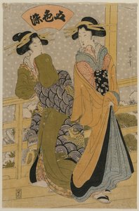 Zwei Kurtisanen auf einem Balkon aus der Serie Fünf Farben der Tinte, ca. frühe 1810er Jahre von Kikugawa Eizan