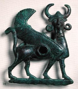 Pferdegebiss in Form eines menschenköpfigen geflügelten Stiers, aus Luristan, Iran von Elamite