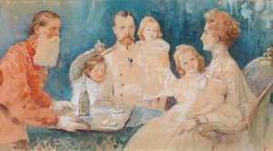 Zar Nikolaus II. und Alexandra Fjodorowna mit ihren Töchtern Olga, Tatiana, Maria und Anastasia