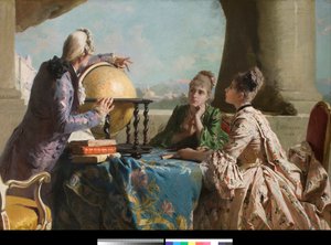Die Geographiestunde. Zwei junge Frauen der Oberschicht und ihr Lehrer zeigen ihnen einen Globus. Gemälde von Eleuterio Pagliano (1826-1903) 1880. Private Sammlung von Eleuterio Pagliano