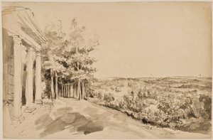 Ansicht des Bacchustempels und des gotischen Tempels im Hintergrund in Painshill von Elias Martin