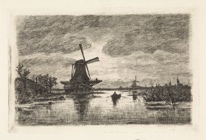 Landschaft mit zwei Mühlen und einem Ruderboot von Elias Stark