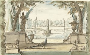 Ansicht eines Gartens mit Teich, Brunnen und Pfau von Elias van Nijmegen