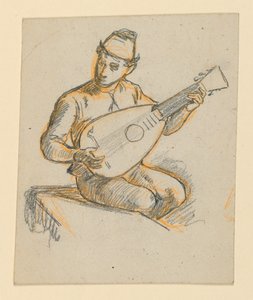 Sitzender Junge, der eine Laute spielt von Elihu Vedder