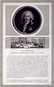 Calonne, Generaldirektor der Finanzen, 1787, Porträt graviert von Charles Levachez (fl.1760-1820), mit einer Szene der Versammlung der Notablen von Jean Duplessis-Bertaux (1747-1819), um 1803 von Elisabeth Louise (after) Vigee Lebrun