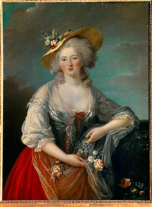 Porträt von Elisabeth Philippine Marie Helene von Frankreich, bekannt als Madame Elisabeth (1764-1794), Schwester von Ludwig XVI., dargestellt im Jahr 1782, in einem Landkostüm, das Blumen präsentiert Gemälde von Marie Elisabeth Louise Vigee Le Brun von Elisabeth Louise Vigee Lebrun
