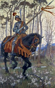 Ein Ritter in Rüstung reist durch den Wald, Illustration aus 