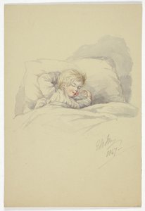 Schlafendes Kind (recto), und Fischer auf dem Dock (verso) von Elizabeth Murray