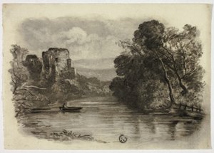 Fluss mit Burgruine und Boot II