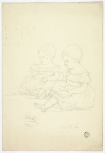 Zwei sitzende Mädchen (recto), ein Stillleben und zwei Tiere (verso) von Elizabeth Murray