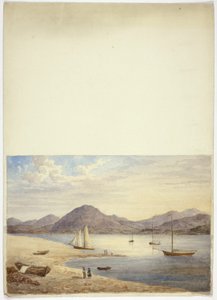 Ansicht des Hafens mit vier Segelbooten
