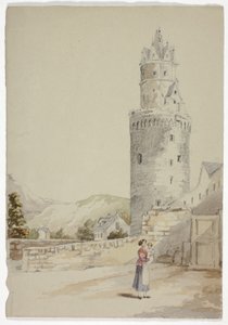 Frau und Kind vor ummauerter Stadt mit Turm von Elizabeth Murray