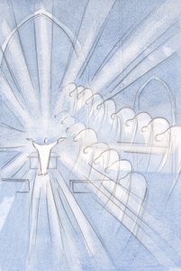Engel und Heilige verneigen sich tief, anbetend, bei Christi Opfer: "Durch ihn, mit ihm, in ihm" von Elizabeth Wang