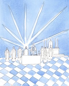 Bei der Konsekration in der Messe in Blackfriars in Oxford sah ich Christus hinter dem Altar stehen, mit den dominikanischen Priestern, die konzelebrierten