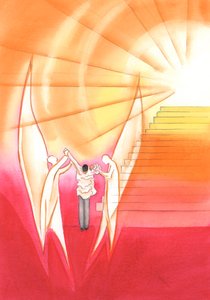 Am Ende seines Lebens wird ein treuer Priester von den Engeln unterstützt, ein strahlendes Gewand anzuziehen, damit er die Treppe zum Thron des Vaters hinaufsteigen kann, 2002