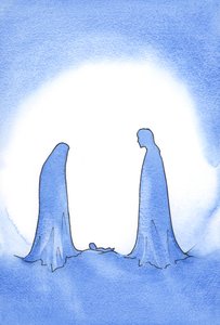 Beim Anblick des wunderbaren Babys (dessen Mutter in immer noch jungfräulicher Heiligkeit vor ihm stand) wurde St. Joseph mächtig für seinen Glauben belohnt. von Elizabeth Wang