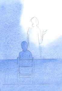Christus - mit dem Rücken zu mir - wendet sich dem Vater zu und bietet unser Dankgebet und die Gnade vor den Mahlzeiten an von Elizabeth Wang