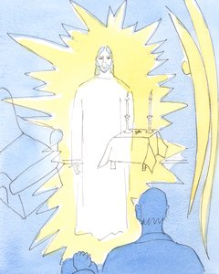 Christus, unser Gott, der in ewiger Herrlichkeit regiert, ist wirklich im Allerheiligsten Sakrament in der Kirche und in den Häusern der Kranken, die die Heilige Kommunion empfangen, gegenwärtig von Elizabeth Wang