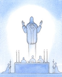Christus, unser auferstandener Herr, war über dem Altar gegenwärtig, als ob er aus dem Grab aufsteigt, seine Hände zum Vater erhoben, für uns Fürbitte haltend, die an ihn glauben, unseren Hohepriester von Elizabeth Wang