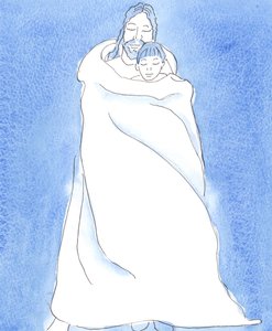 Christus steht bei uns in der Heiligen Kommunion und hüllt uns in seinen Mantel, wie ein Mann einen Freund im Sturm einhüllt, um ihn nah zu halten und ihm Schutz, Wärme und Trost zu geben von Elizabeth Wang
