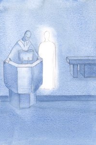 Christus stand neben dem Priester, der uns das Heilige Evangelium vorlas, das Christi eigenes Wort war. von Elizabeth Wang