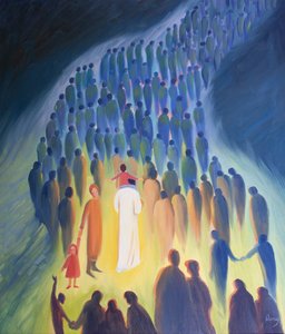 Christus wandelt unter seinem Volk, mit den Pilgern und den Kranken, ein Kind auf seinen Schultern von Elizabeth Wang