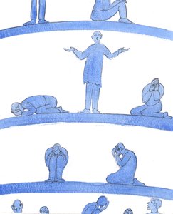 In den unteren Tiefen des Fegefeuers sind Seelen - wie verzweifelte Menschen in einem mittelalterlichen Kerker, die sich dicht an die Wände drücken - die niemanden haben, der für sie betet von Elizabeth Wang