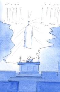 Es war, als ob der Boden des Himmels selbst über den Altar ausgedehnt wurde, so dass Christus sowohl im Himmel als auch auf dem Altar gegenwärtig war