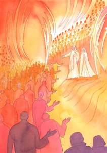 Der gekreuzigte Jesus wartet am Tor des Himmels mit seiner Mutter Maria und den heiligen Engeln