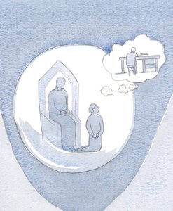 Jesus wartet mit unendlicher Geduld und Freundlichkeit, wenn ich beschlossen habe zu beten, aber abgelenkt bin von Gedanken an die Arbeit, die ich getan habe
