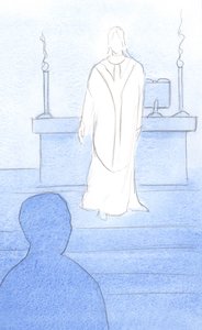 Jesus war bei der Messe unter uns, gekleidet als Priester, wandte sich uns zu, um uns ins Gebet zu führen