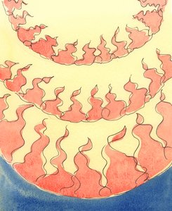 Reihe um Reihe von Flammen sind in den Tiefen der Hölle zu sehen, wo sich - aufgrund ihrer eigenen Entscheidungen - reuelose Seelen befinden, die bis zum Tod in Lust, Stolz oder Ungehorsam lebten oder Mitgefühl vermissten von Elizabeth Wang