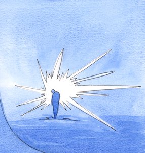 Der Vater im Himmel sieht eine kleine Gestalt, die vor ihm verneigt und wie ein Diamant erstrahlt. Keine Narbe bleibt von lange vergebenen Sünden