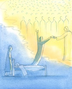 Die heilige Seele, die bereit für den Himmel ist, wird nicht nur von Christus empfangen, sondern auch von seiner heiligen Mutter und allen Heiligen