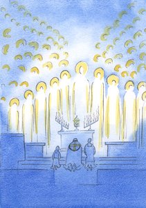 Die Heiligen sind hier mit Christus versammelt, bei der Aussetzung, alle strahlend vor Freude über seine Liebe und unsere Hingabe