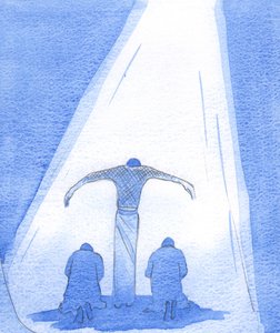 Der leidende Erlöser steht mit ausgestreckten Armen, um reuige Menschen zu schützen; und der Vater schaut liebevoll vom Himmel auf seinen Sohn von Elizabeth Wang