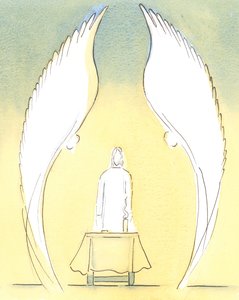 Wenn das Allerheiligste Sakrament zu einem kranken Menschen nach Hause gebracht wird, ist es wahrhaft Christus, der dort sakramental gegenwärtig ist, immer bewacht von den Engeln, die ihn lieben und anbeten von Elizabeth Wang
